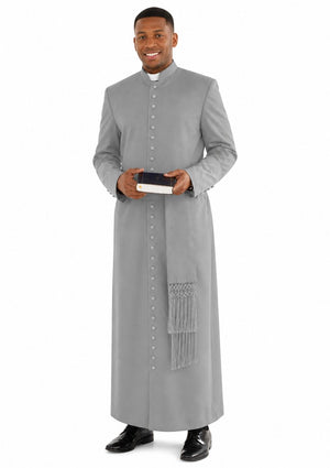 Man wearing a long gray coat on a white background