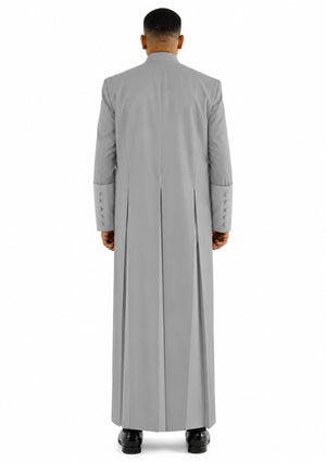 Man wearing a long gray coat on a white background