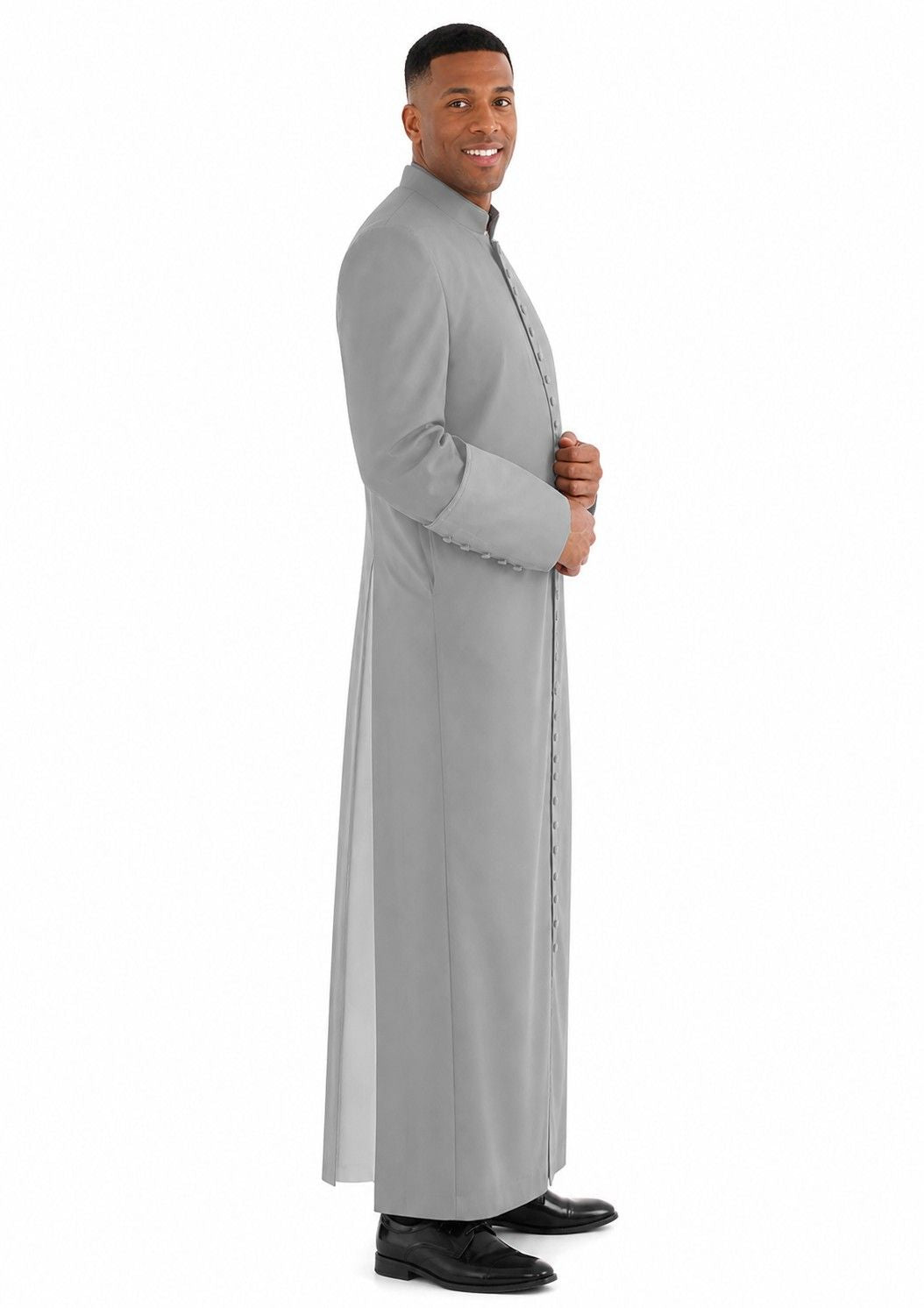 Man wearing a long gray robe on a white background