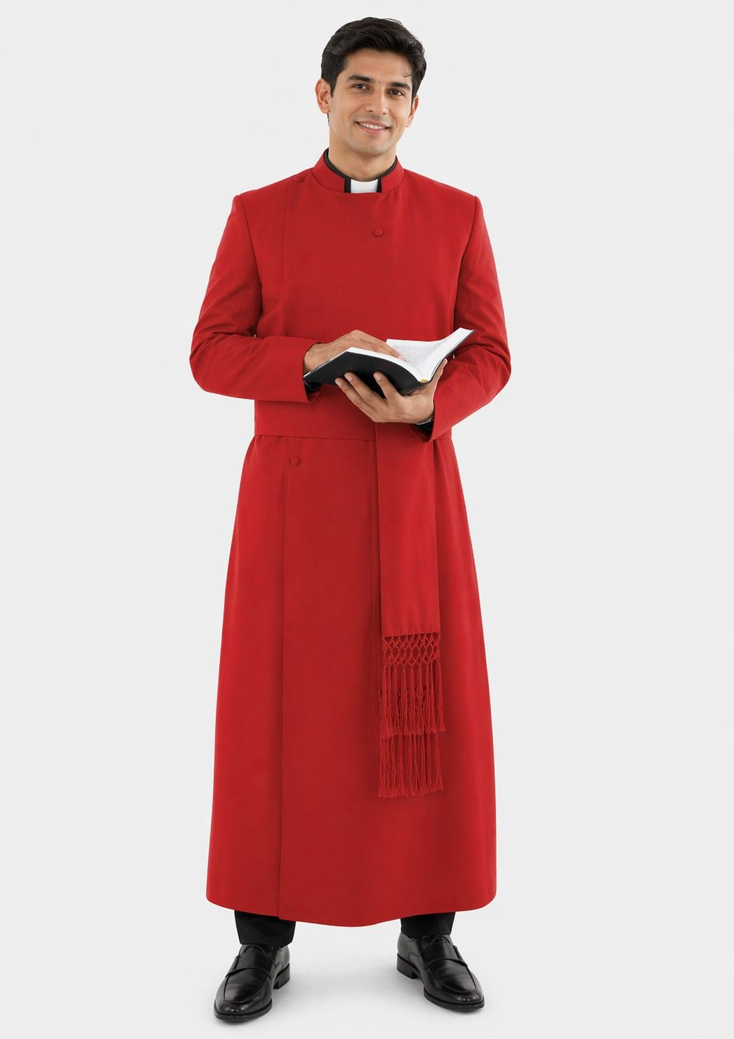 Man wearing a red robe with a stole on a white background