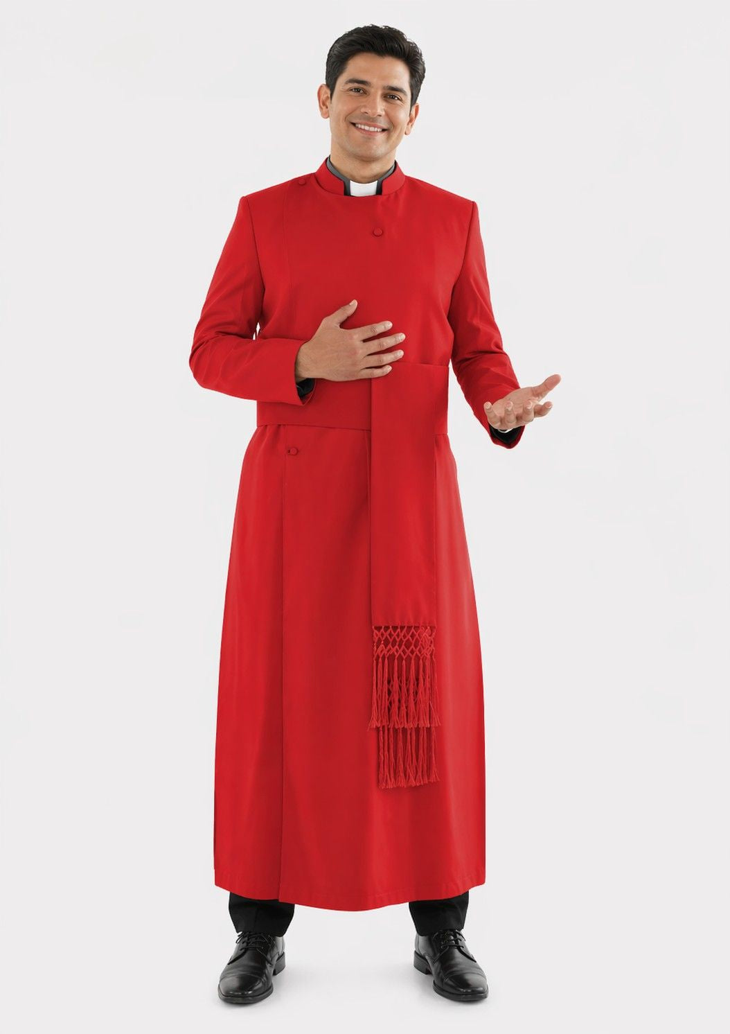 Man wearing a red priest's robe on a white background