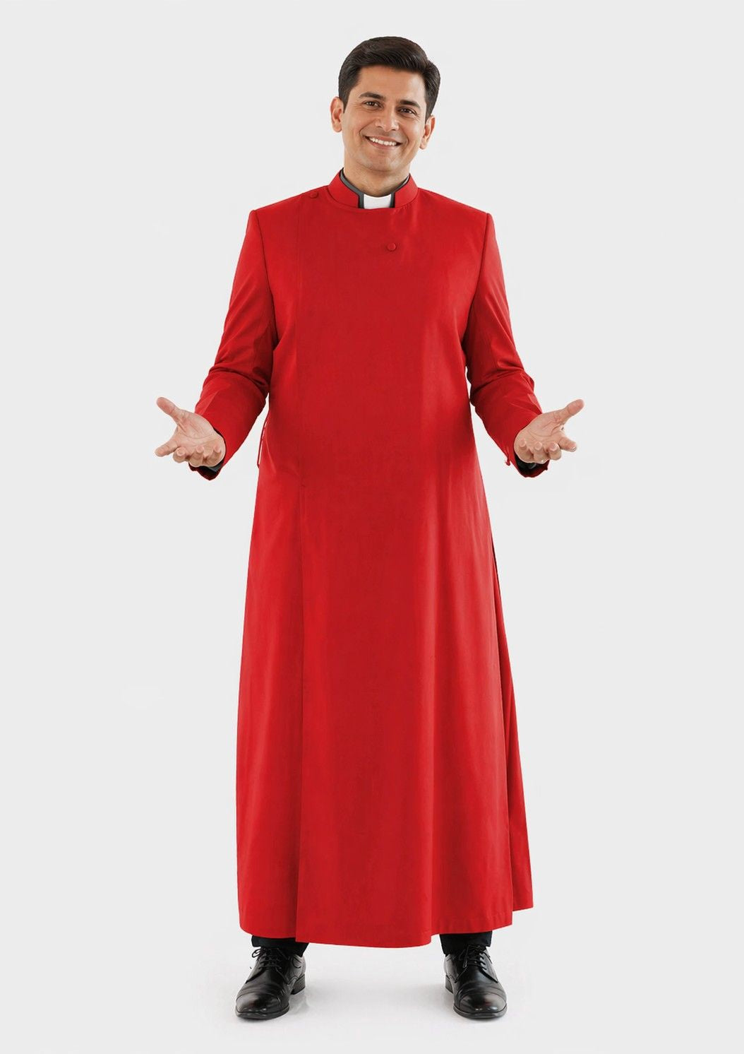 Man wearing a red robe with a collar on a white background
