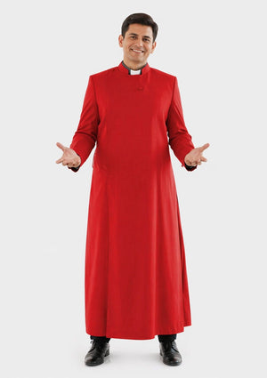 Man wearing a red robe with a collar on a white background