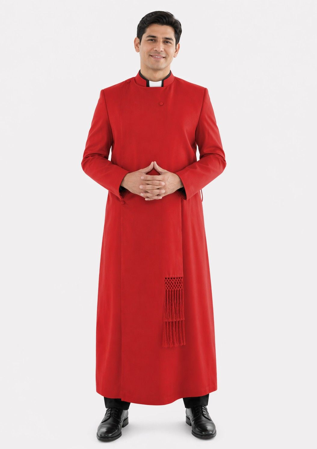 Man wearing a red liturgical vestment on a white background