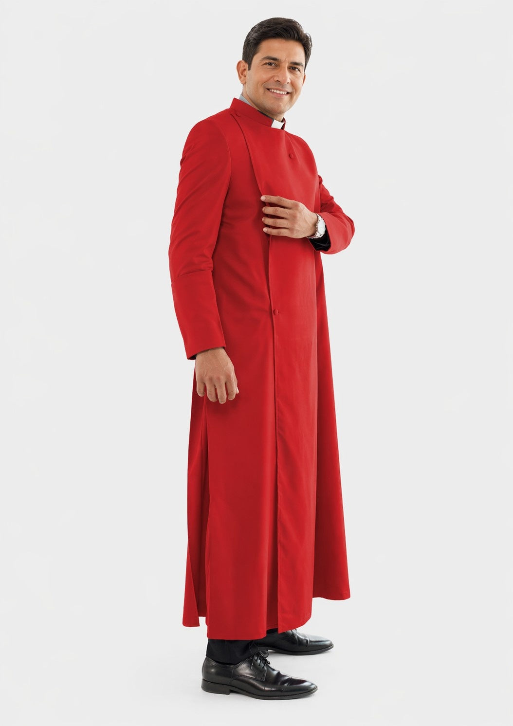 Man wearing a red robe on a white background