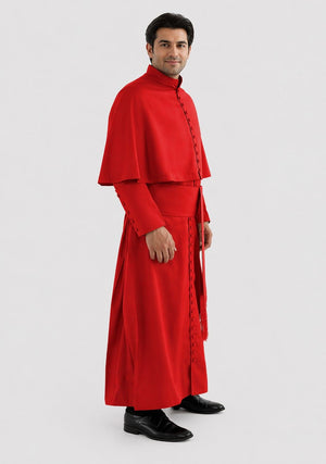 Man wearing a red outfit with a cape on a white background