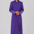 Man wearing a purple robe with a white shirt underneath on a gray background