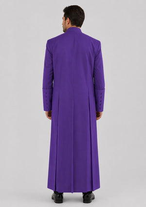 Man wearing a long purple robe on a gray background