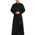 A man modeling a long black clerical cassock with a high collar, front buttons, and a draped scarf detail, shown against a plain white background.