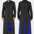 Black robe with blue accents worn by a model on a white background
