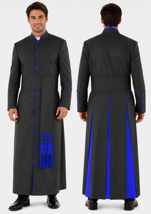 Black robe with blue accents worn by a model on a white background