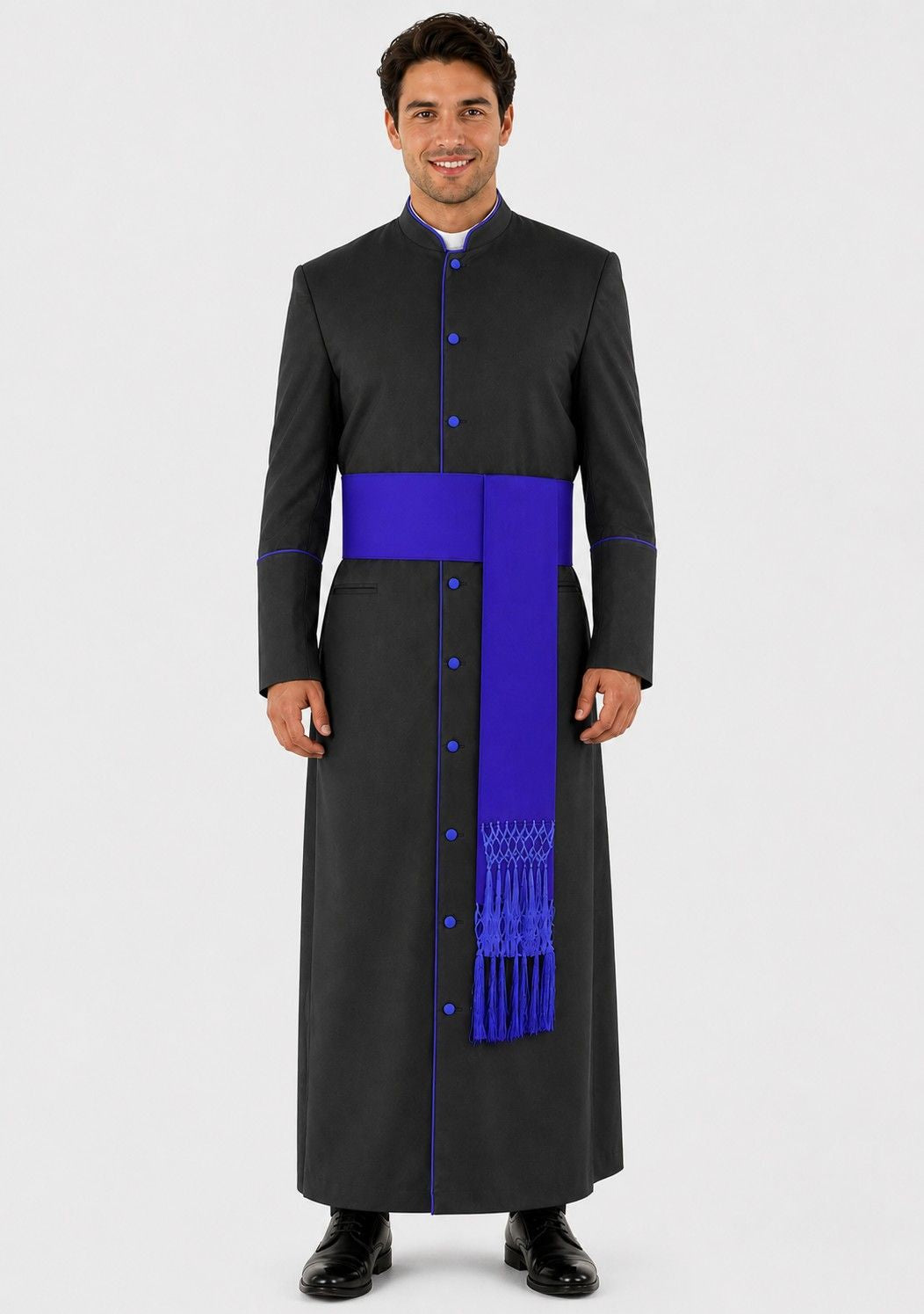 Man wearing a black robe with blue accents on a white background