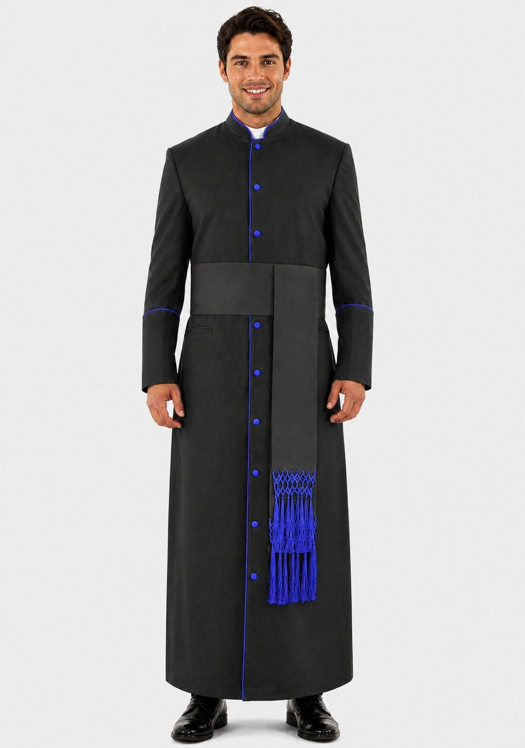 Man wearing a black robe with blue accents on a white background