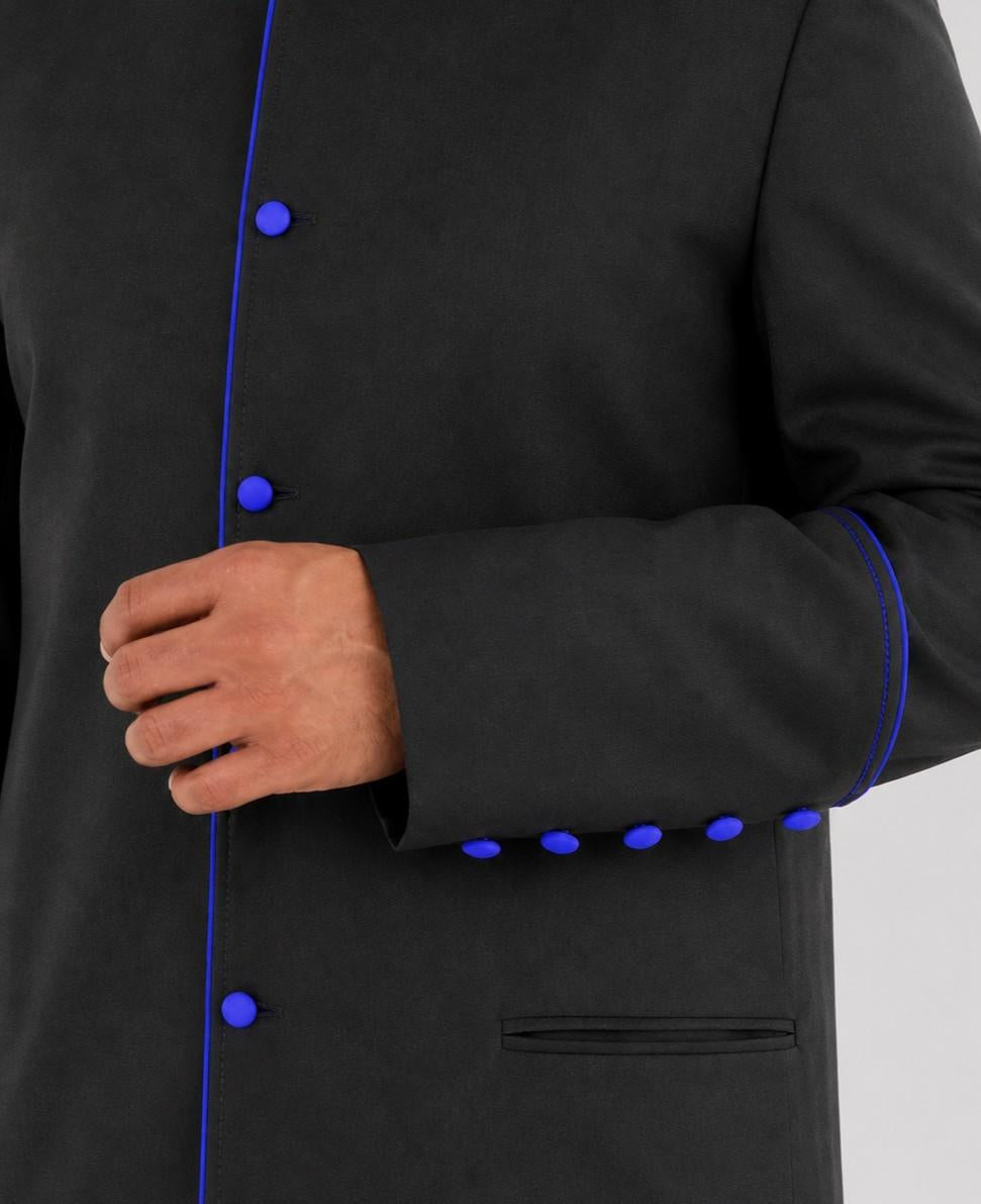 Black coat with blue buttons on a plain background