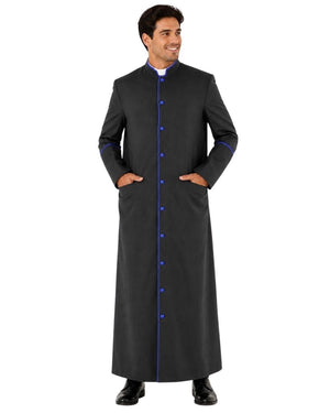 A man modeling a long black traditional robe with bright blue trim, buttons, and collar, standing against a plain white background.