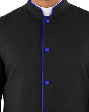 Close-up of a black traditional-style cassock with a mandarin collar, blue trim, and matching blue buttons, worn over a white shirt.