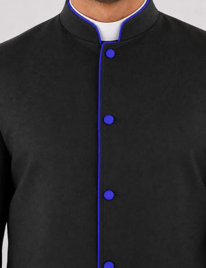 Black coat with blue buttons on a gray background