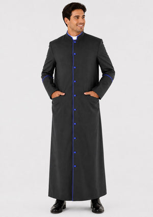 Man wearing a long black coat with blue buttons on a white background