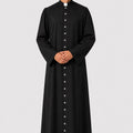 Man wearing a black priest's robe on a white background