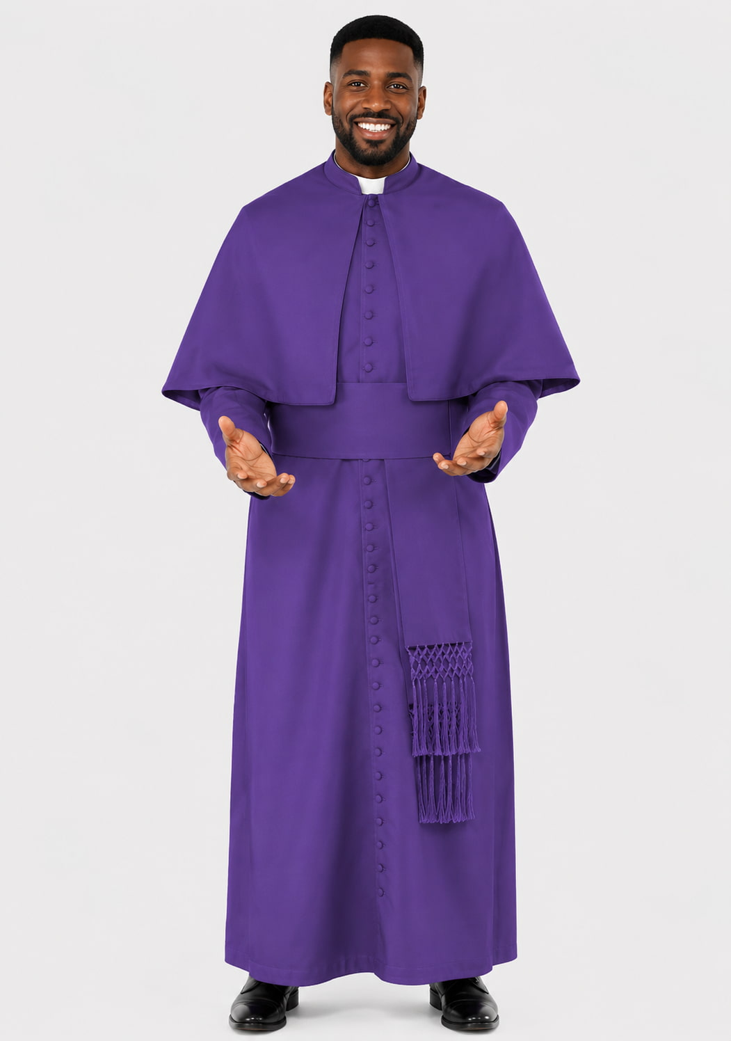 Man wearing a purple liturgical vestment on a white background