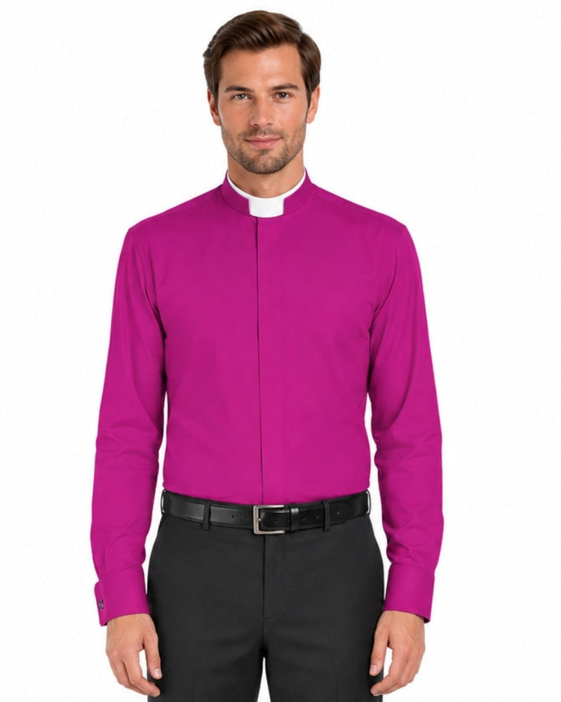 Man wearing a bright magenta shirt and black pants on a white background