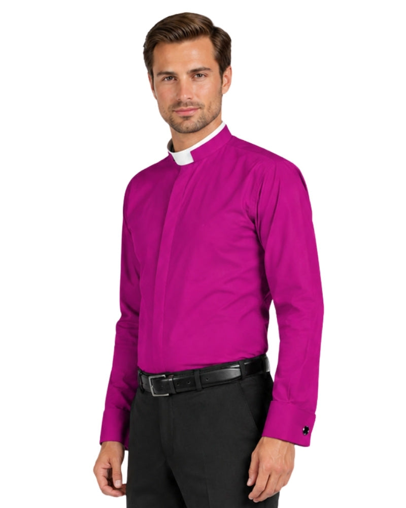 Man wearing a bright magenta shirt and black pants on a white background