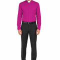 Man wearing a bright magenta shirt and black pants on a white background