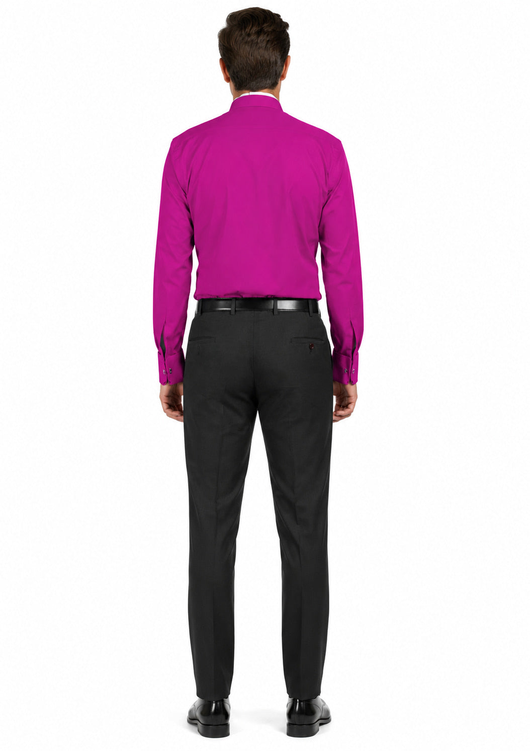 Man wearing a magenta shirt and black pants on a white background