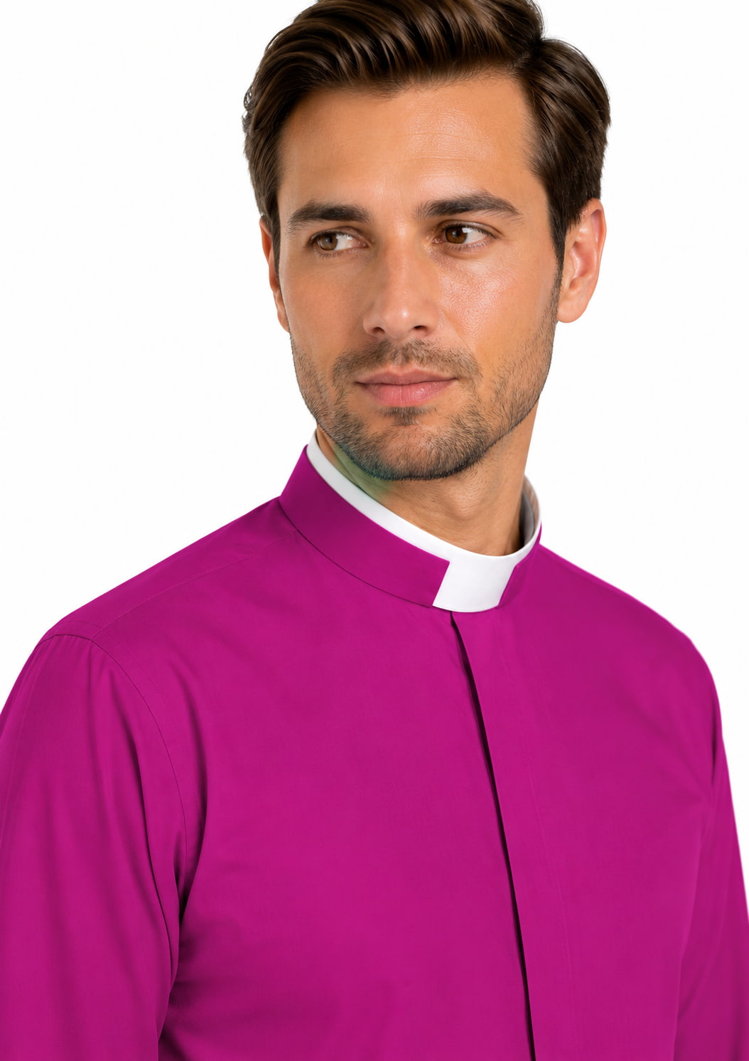 Man wearing a magenta clerical shirt with a white collar on a white background