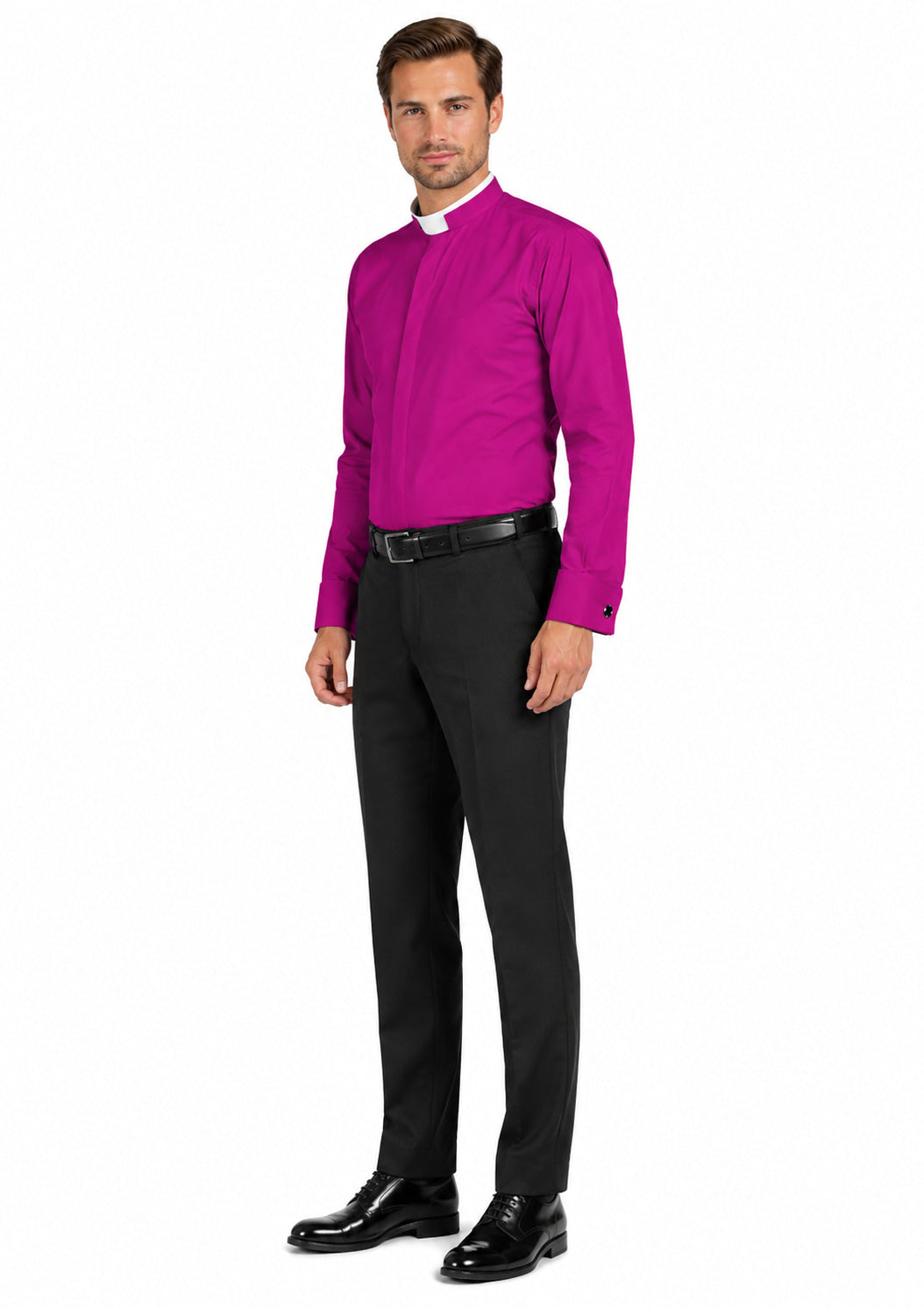 Man wearing a bright magenta shirt and black pants on a white background