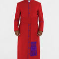 Man wearing a red robe with purple accents on a white background