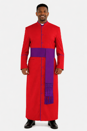 Man wearing a red and purple robe with a white background