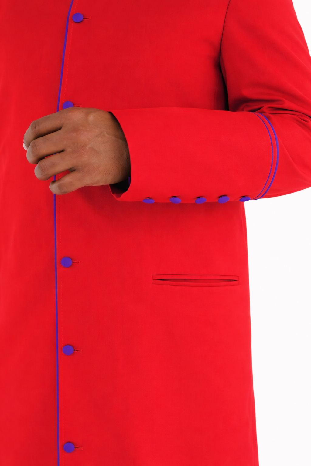 Red shirt with blue buttons and trim on a white background