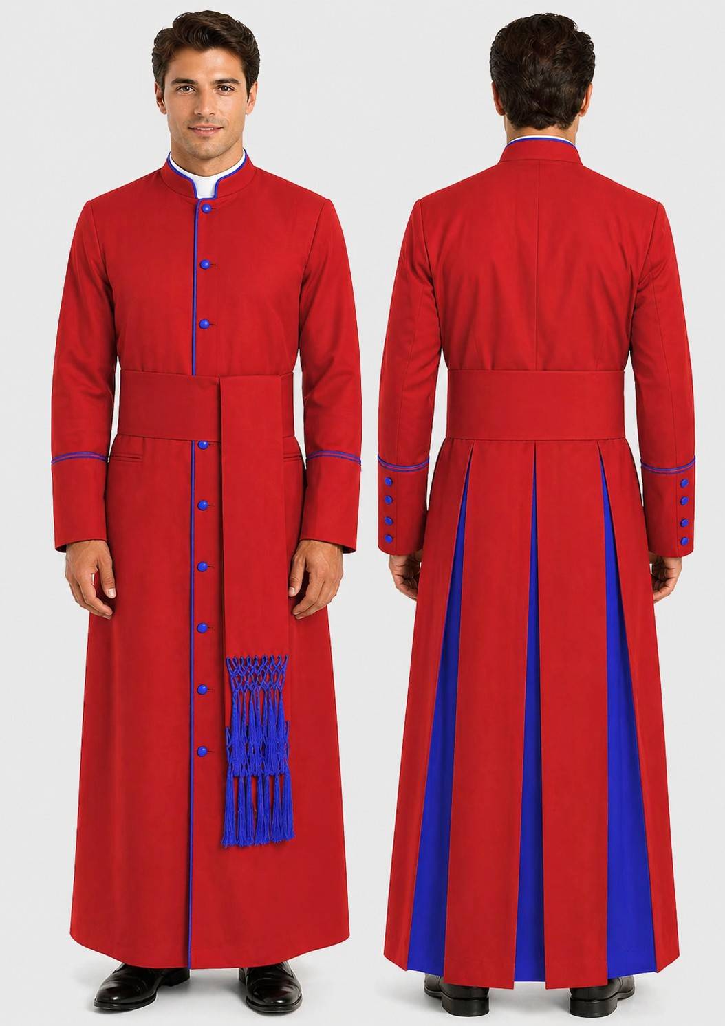 Red robe with blue accents worn by a model on a white background