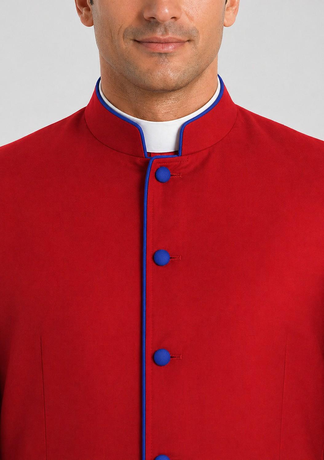 Red cassock with blue buttons on a plain background