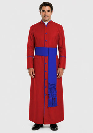 Man wearing a red and blue robe with a white background