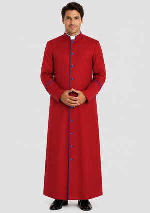 Man wearing a red robe with blue buttons on a white background