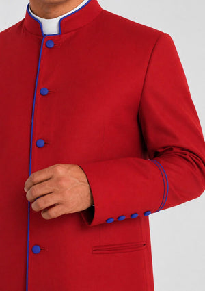 Red coat with blue buttons on a plain background