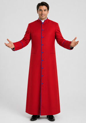 Man wearing a long red robe with blue buttons on a white background