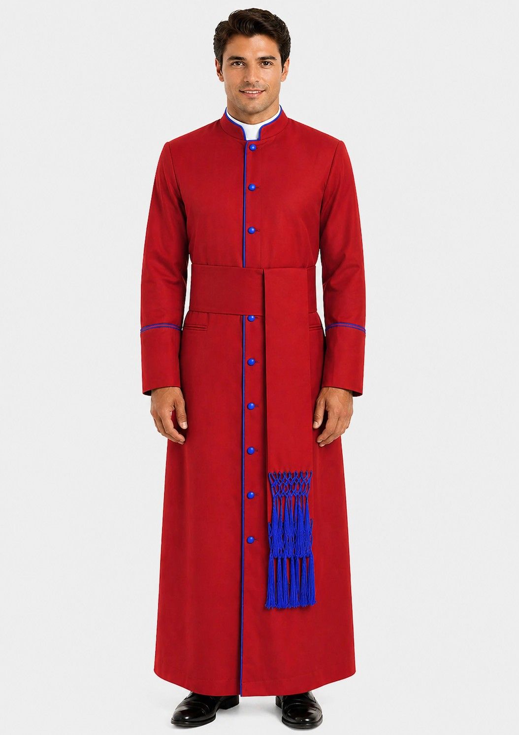 Man wearing a red robe with blue accents on a white background