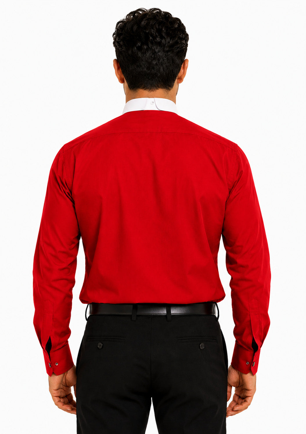 Man wearing a red shirt and black pants on a white background