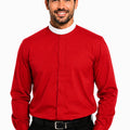 Man wearing a red clerical shirt with a white collar on a white background.