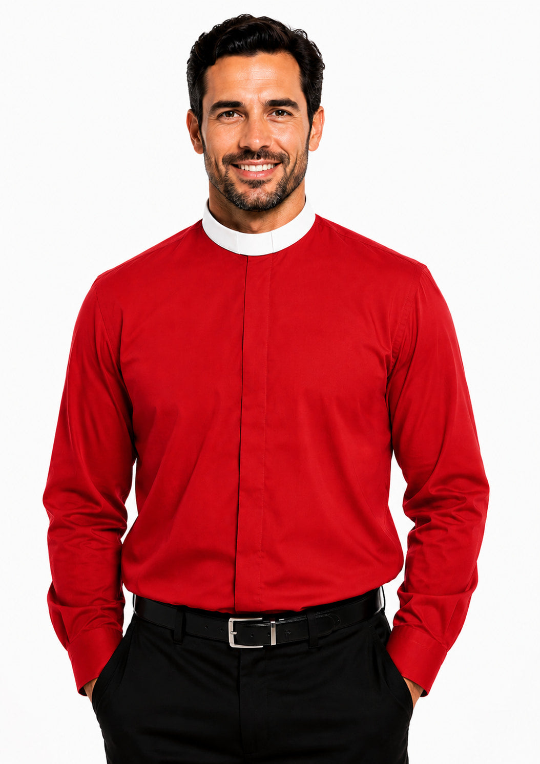 Man wearing a red clerical shirt with a white collar on a white background.
