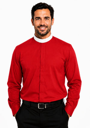 Man wearing a red clerical shirt with a white collar on a white background.