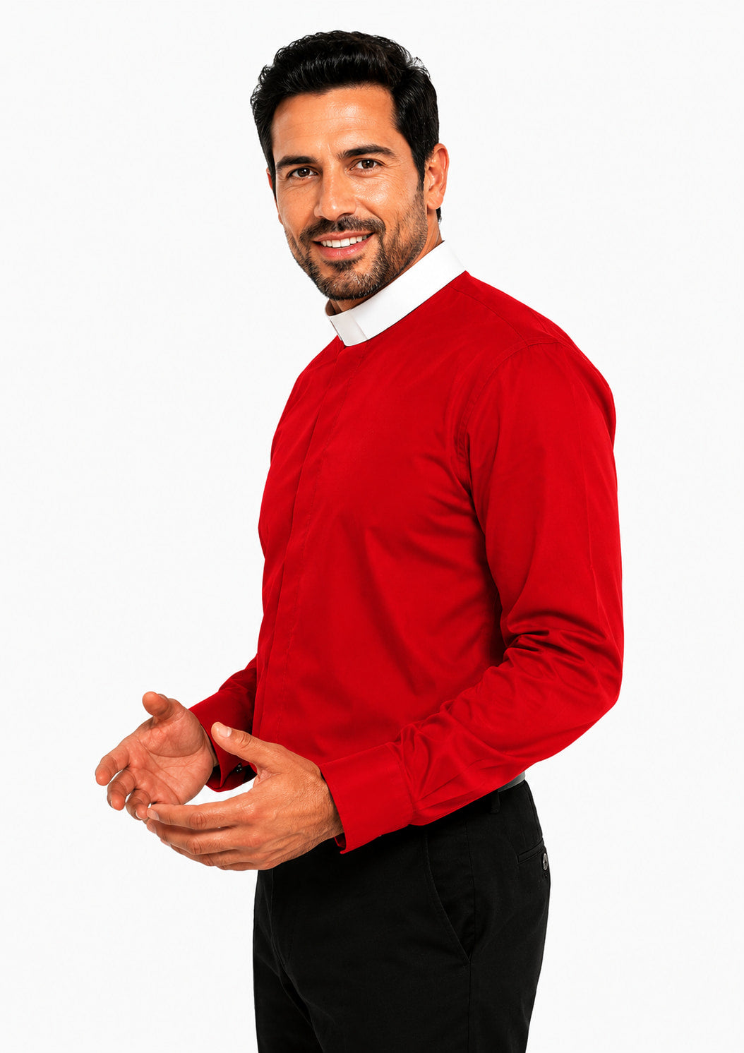 Man wearing a red clerical shirt with a white collar on a white background