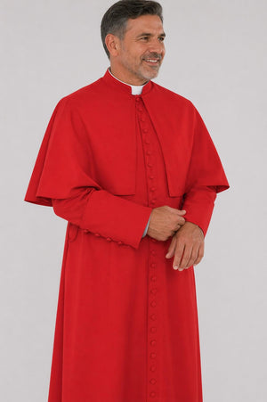 Man wearing a red religious robe on a white background