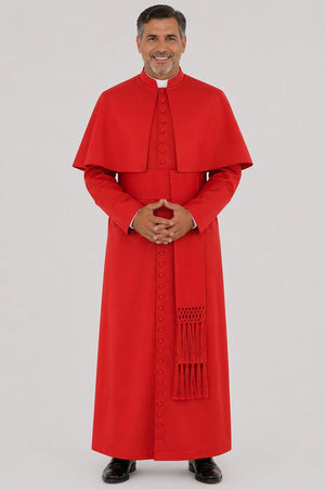 Person wearing a red religious robe on a gray background
