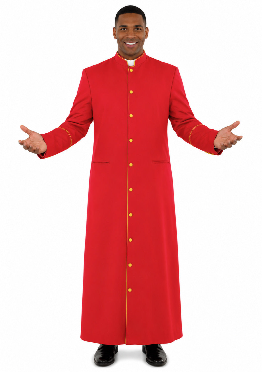 Man wearing a red robe with gold buttons on a white background