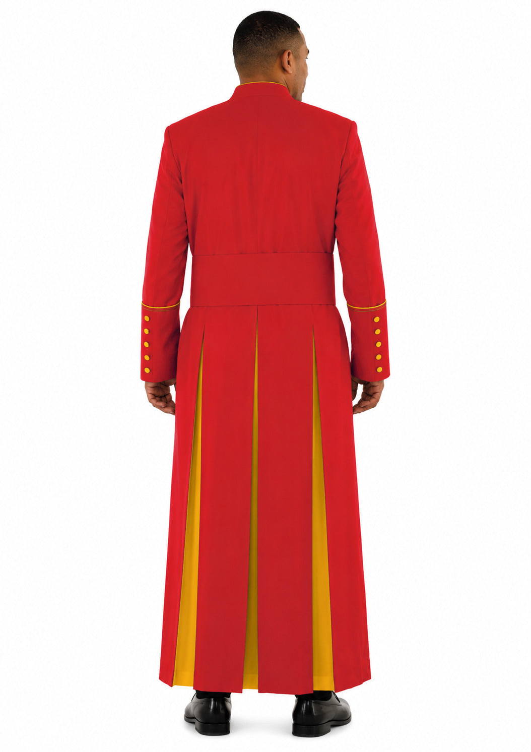 Red robe with gold accents worn by a man on a white background