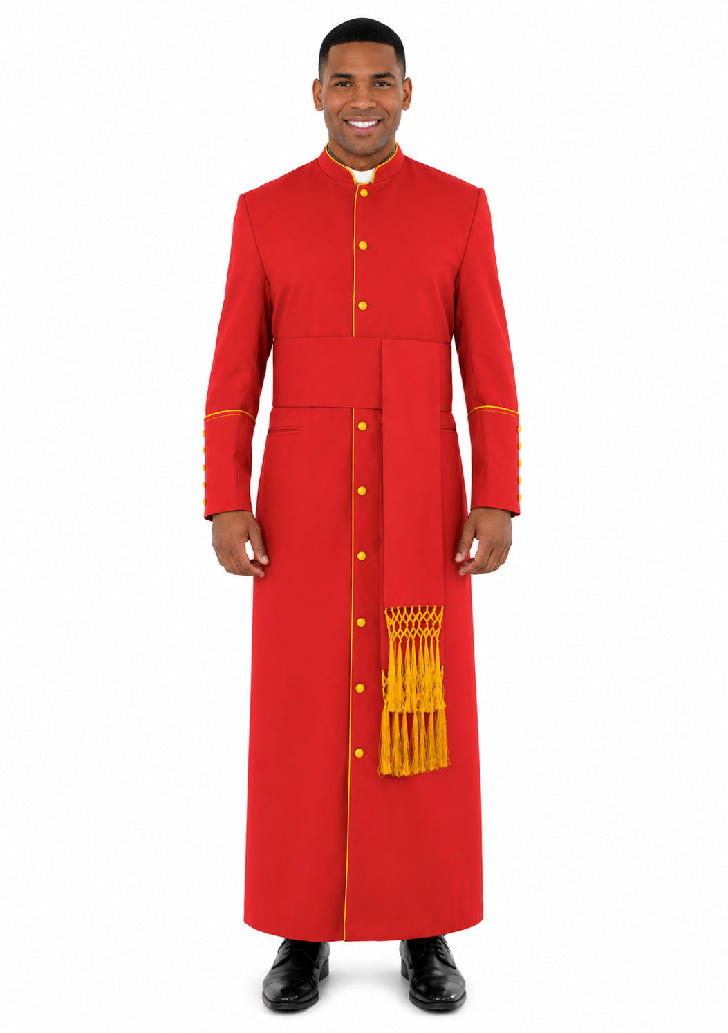 Man wearing a red robe with gold accents on a white background